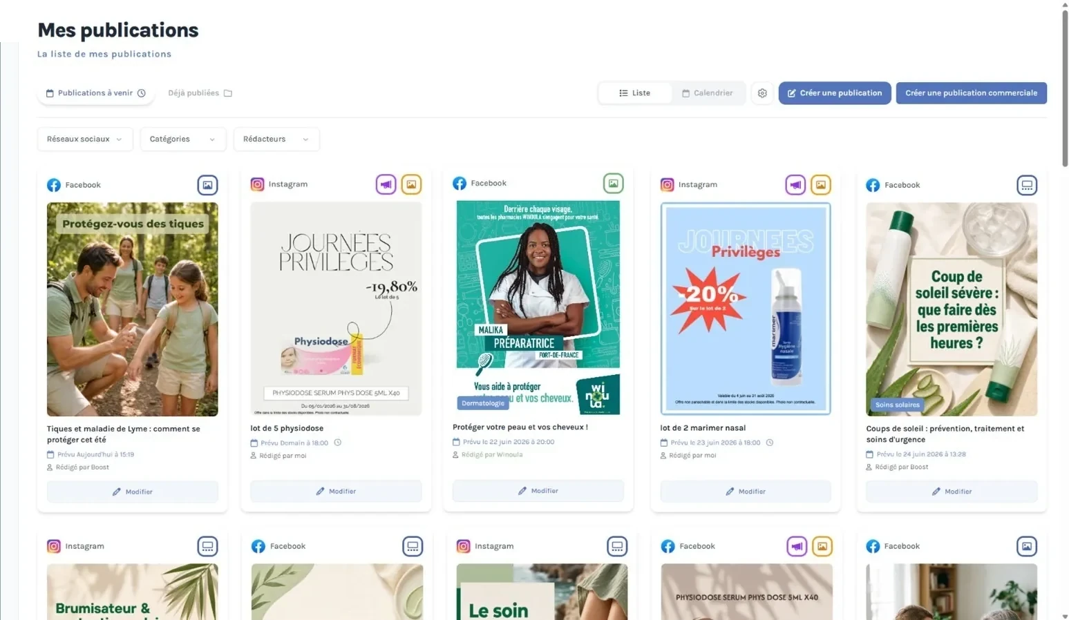 Liste « Mes publications » dans l'espace Boost